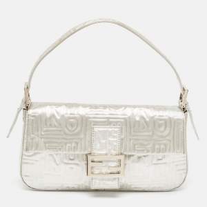 Pre Owned Fendi Silver Zucca Shimmer Fabric Baguette Flap Bag