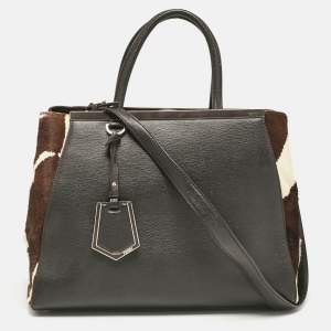 Pre Owned Fendi Dark Brown Zebra Pring Calfhair and Leather Medium 2Jours Tote