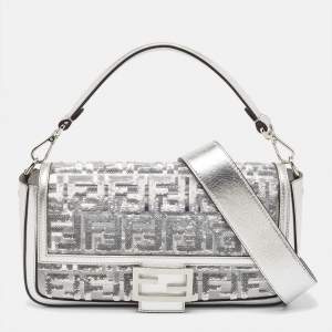 Fendi Silver Zucca Leather, PVC and Sequins Baguette Bag