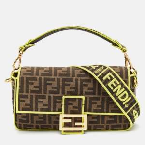 Fendi Tobacco/Neon Green Zucca Jacquard Canvas Medium Baguette Bag