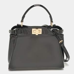 Pre Owned Fendi Black Patent Leather Mini Peekaboo Defender Top Handle Bag