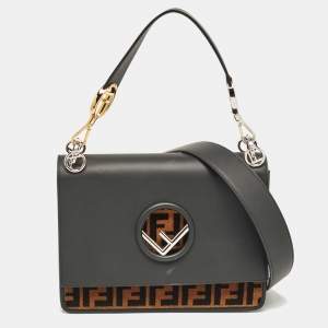 Pre Owned Fendi Black/Brown Zucca Leather and Velvet Kan I F Logo Top Handle Bag
