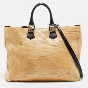 Pre Owned Fendi Natural/Black Woven Straw Twins Shopper Tote