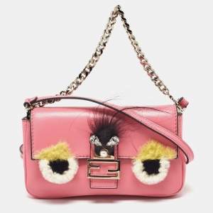 Pre Owned Fendi Pink Leather and Fur Trim Micro Buggie Baguette Crossbody Bag