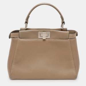 Pre Owned Fendi Beige Leather Mini Peekaboo Top Handle Bag