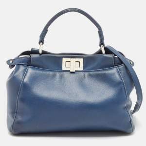 Fendi Navy Blue Leather Mini Peekaboo Top Handle Bag