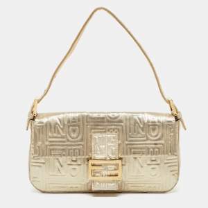 Fendi Gold Logo Embossed Fabric Baguette Flap Bag