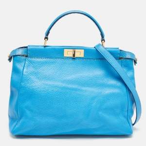 Pre Owned Fendi Blue Leather Large Peekaboo Top Handle Bag
