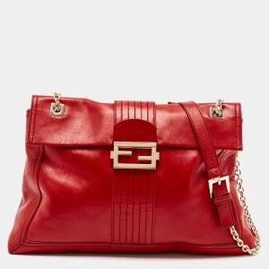 Pre Owned Fendi Red Leather Maxi Baguette Flap Shoulder Bag