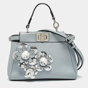 Pre Owned Fendi Light Blue/Silver Leather Micro Crystal Flowerland Peekaboo Top Handle Bag