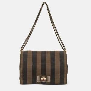 Pre Owned Fendi Tobacco Pequin Stripe Canvas Large Claudia Shoulder Bag