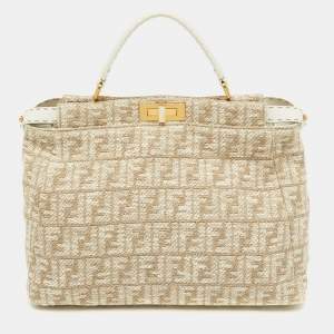 Fendi Beige/White Zucca Fabric and Leather Large Selleria Peekaboo Top Handle Bag