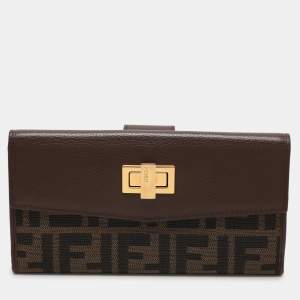 Fendi Tobacco Zucca Canvas and Leather Turnlock Flap Continental Wallet