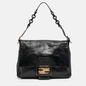 Pre Owned Fendi Black Crinkled Patent Leather Mama Baguette Shoulder Bag