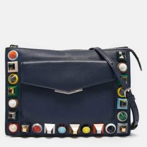 Pre Owned Fendi Navy Blue Leather Rainbow Studded Crossbody Bag