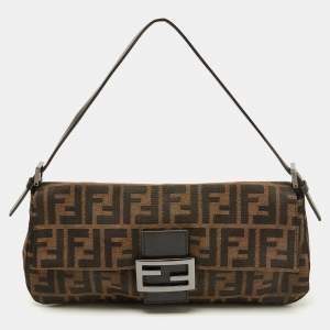 Fendi Tobacco Zucca Canvas and Leather Flap Baguette Bag