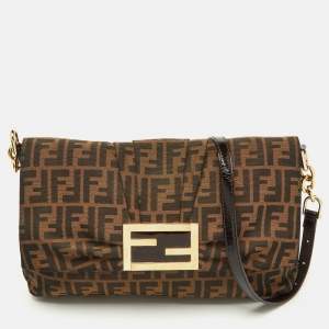 Pre Owned Fendi Brown Zucca Canvas Mia Flap Shoulder Bag