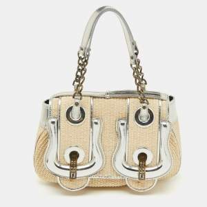 Fendi Beige/Silver Raffia and Patent Leather B Shoulder Bag