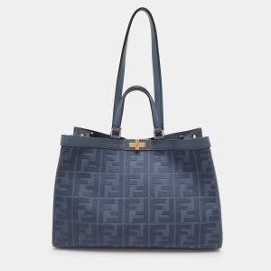 Pre Owned Fendi Blue Zucca Canvas and Leather Medium FF Peekaboo X Tote