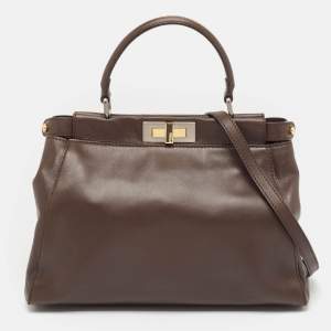 Fendi Dark Brown Leather Medium Peekaboo Top Handle Bag
