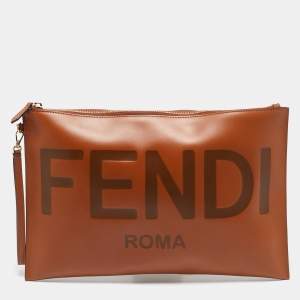 Pre Owned Fendi Brown Leather Flat Zip Wristlet Pouch