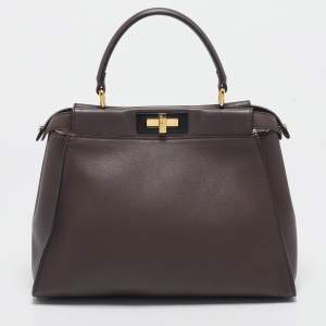 Pre Owned Fendi Dark Brown Leather Medium Peekaboo Top Handle Bag