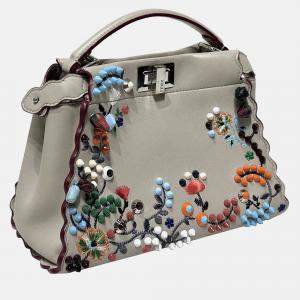 Pre Owned Fendi Grigio Polvere Nappa Embroidered Flower Scalloped Mini Peekaboo Iconic Satchel Bag
