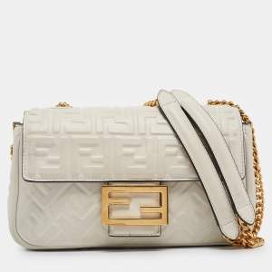 Pre Owned Fendi White FF Embossed Leather Midi Chain Baguette Bag