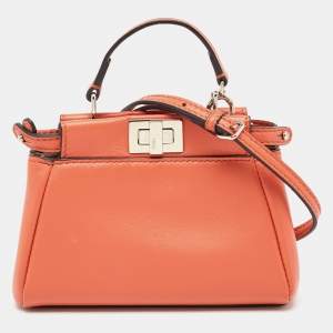 Pre Owned Fendi Brick Brown Leather Micro Peekaboo Top Handle Bag