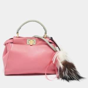 Pre Owned Fendi Pink/Green Leather Mini Peekaboo Top Handle Bag