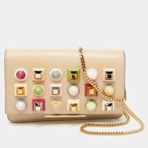 Fendi Beige Leather Studded Flap Wallet on Chain 