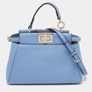 Pre Owned Fendi Light Blue Leather Micro Peekaboo Top Handle Bag