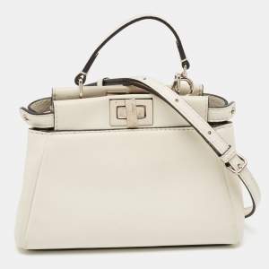 Pre Owned Fendi White Leather Micro Peekaboo Top Handle Bag