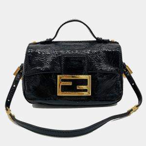 Fendi Black Patent And Silk Zucca Double Mini Baguette