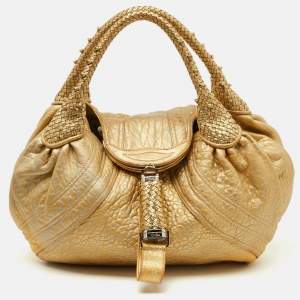 Pre Owned Fendi Metallic Gold Textured Leather Spy Hobo