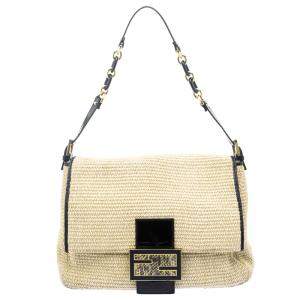 Pre Owned Fendi Beige Raffia and Python Detail Mama Forever Shoulder Bag