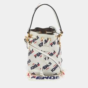 Fendi x Fila White FF Leather Mini Mon Tresor Fringe Bucket Bag