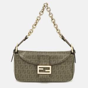Pre Owned Fendi Green Zucchino Coated Canvas Forever Baguette Bag