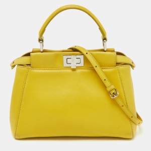 Pre Owned Fendi Yellow Leather Mini Peekaboo Top Handle Bag