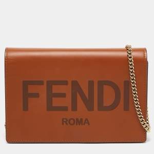 Pre Owned Fendi Brown Leather Logo Embossed Wallet On Chain