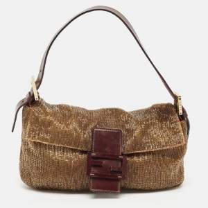 Pre Owned Fendi Gold/Brown Beaded and Leather Baguette Flap Bag