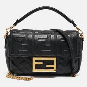 Fendi Black Leather FF Motif Baguette Mini Chain Bag