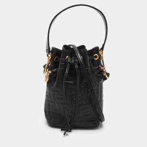 Pre Owned Fendi Black Zucca Leather Mini Mon Tresor Drawstring Bucket Bag