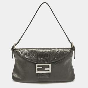 Fendi Black Embossed Leather Double Baguette Bag