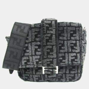 Pre Owned Fendi Black Mouton/Leather Baguette Messenger Bag