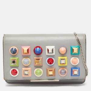 Fendi Grey Leather Studded Wallet On Chain