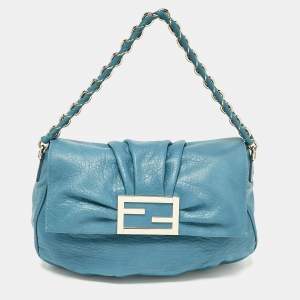 Pre Owned Fendi Teal Blue Leather Mia Flap Shoulder Bag