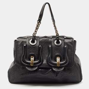 Fendi Black Pebbled Leather and Patent Leather Large B Shoulder Bag