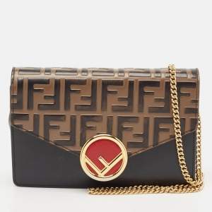 Pre Owned Fendi Brown/Black FF Leather F is Fendi Wallet On Chain