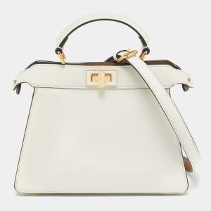 Pre Owned Fendi White/Brown Leather Small Peekaboo ISeeU Top Handle Bag